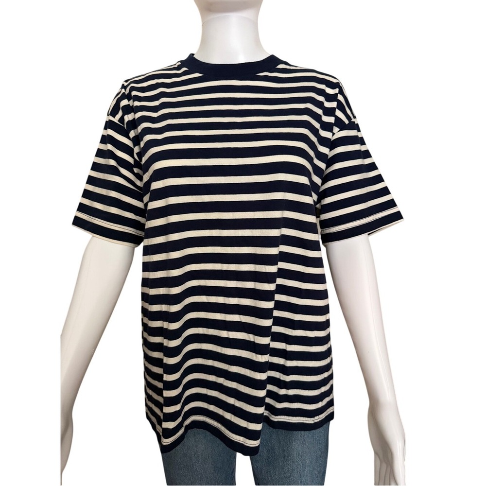 Club Monaco Blue White Striped Cotton Relaxed Fit T-Shirt Small